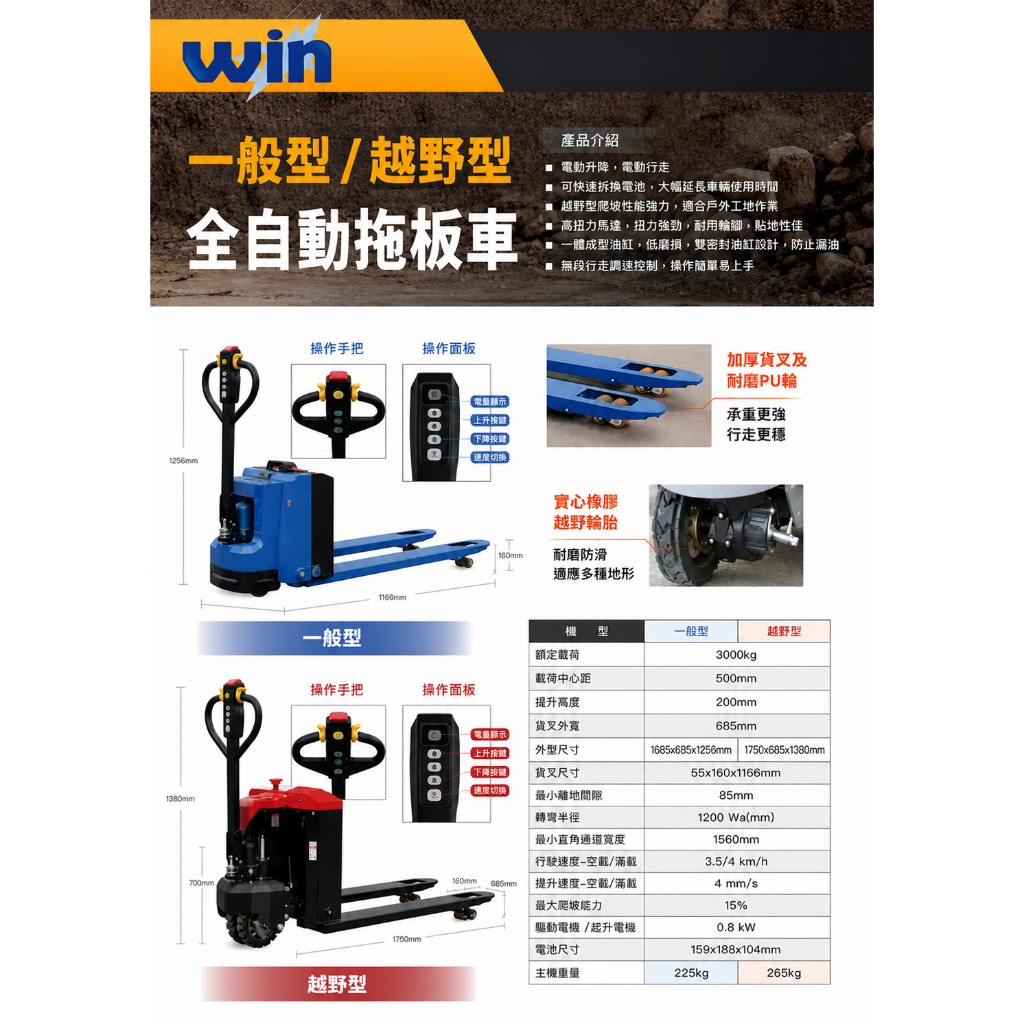 WIN五金 WIN 全自動拖板車 3000KG｜一般型/越野型｜電動拖板車｜電動油壓拖板車｜工地搬運車｜PU輪搬運車, , large