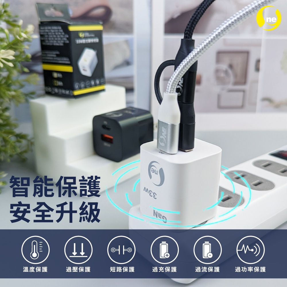 【O-ONE】氮化鎵快速充電頭 33W安全超快充 USB+TypeC雙孔輸出 體積小充電快 時尚白 (贈收納袋 送完為止), , large