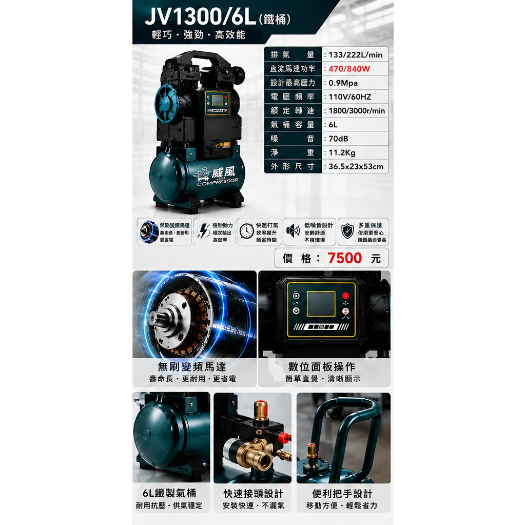 WIN五金【威風】JV1300/6L 無刷變頻空壓機 110V 四段智慧調壓 6L鐵桶 低噪音 便攜式空壓機 氣動工具, , large