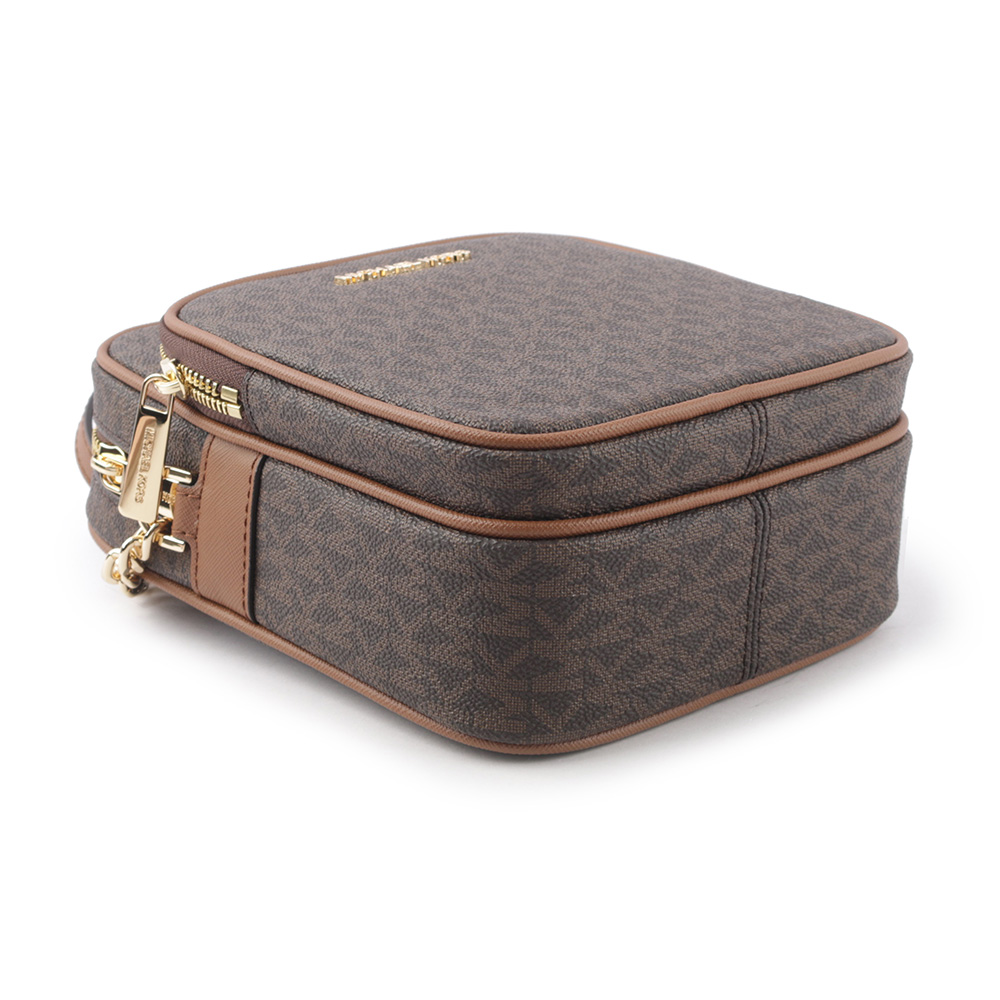 Michael Kors 金字滿版塗層帆布拉鍊中款直式斜背包/咖啡色, , large