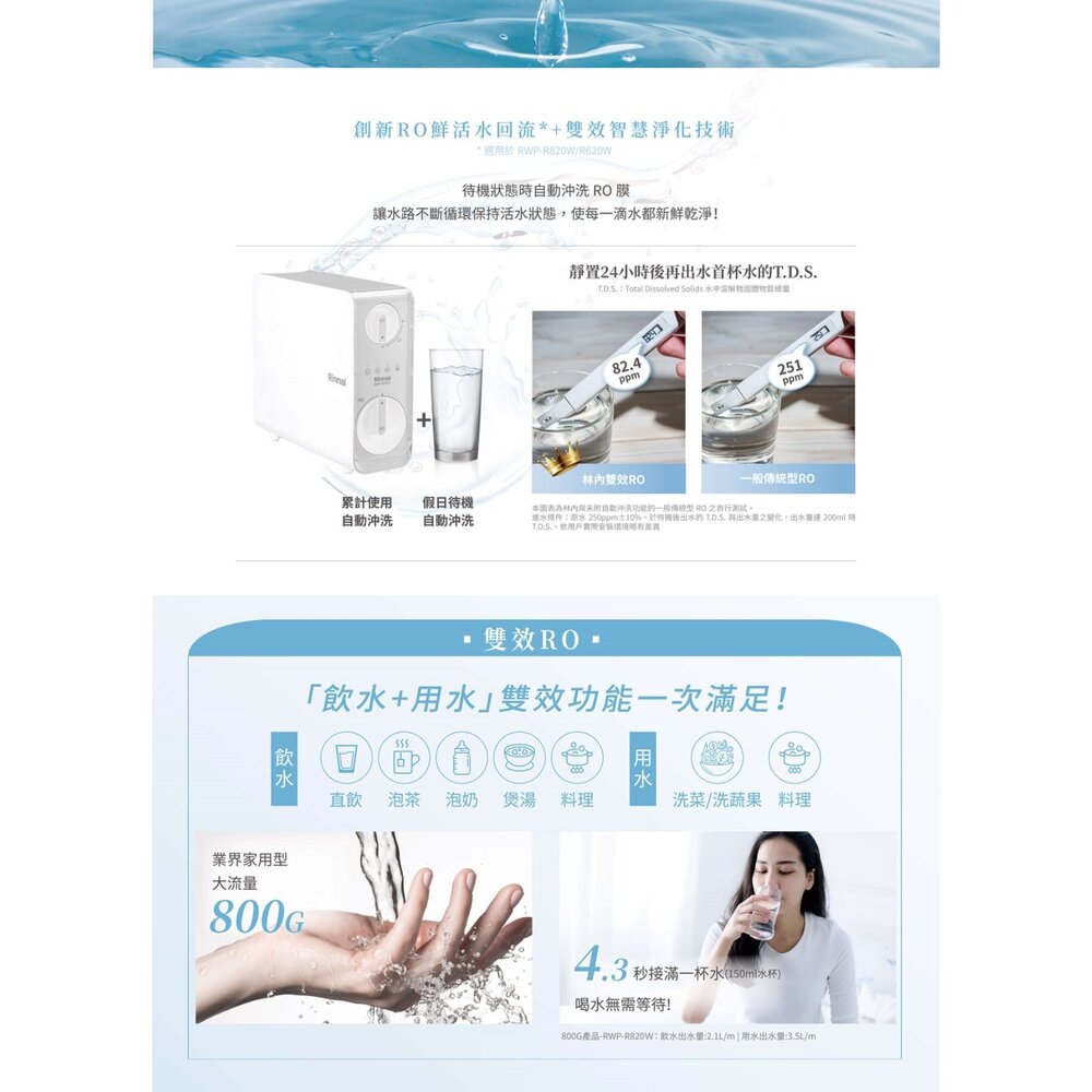 【KW廚房世界】林內牌 RWP-R820W 廚下型雙效RO逆滲透淨水器 限定區域送基本安裝, , large