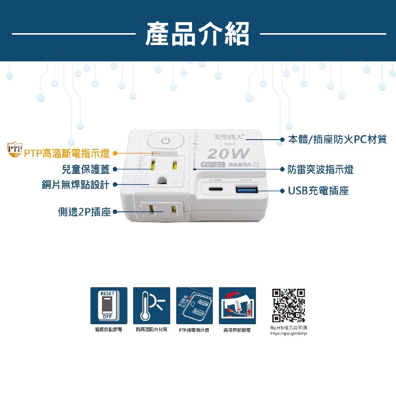 【安全達人】氮化鎵GaN 1開2插2+3P 20W USB超級閃充壁插-R-81PLC, , large