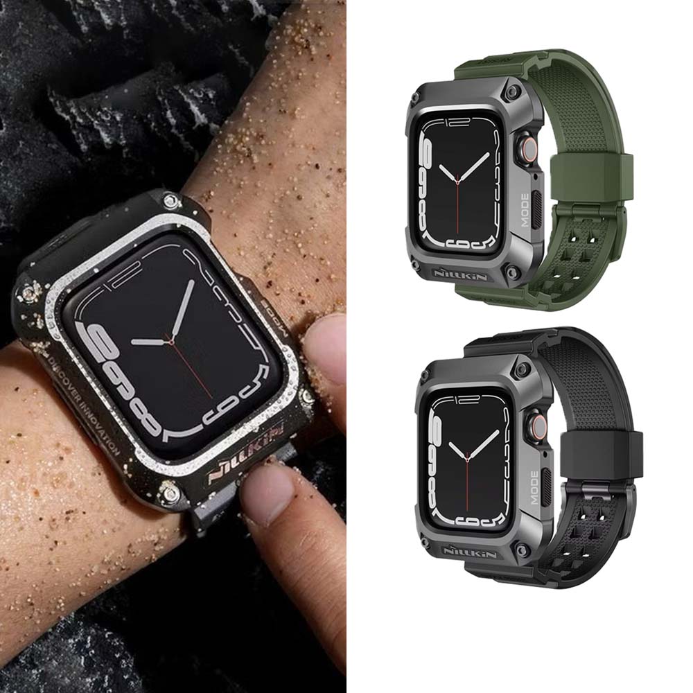 【山水之寶】NILLKIN Apple Watch 7/8 45mm錶帶保護殼 鈦灰色合金保護殼＋酷軍綠/潮流黑銳動腕帶, , large