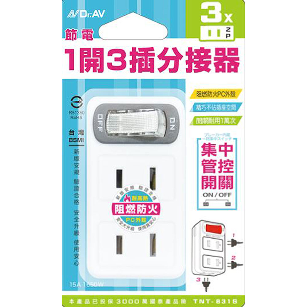 [寶旺旺]聖岡科技 節能1開3插分接器壁插 TNT-831S, , large