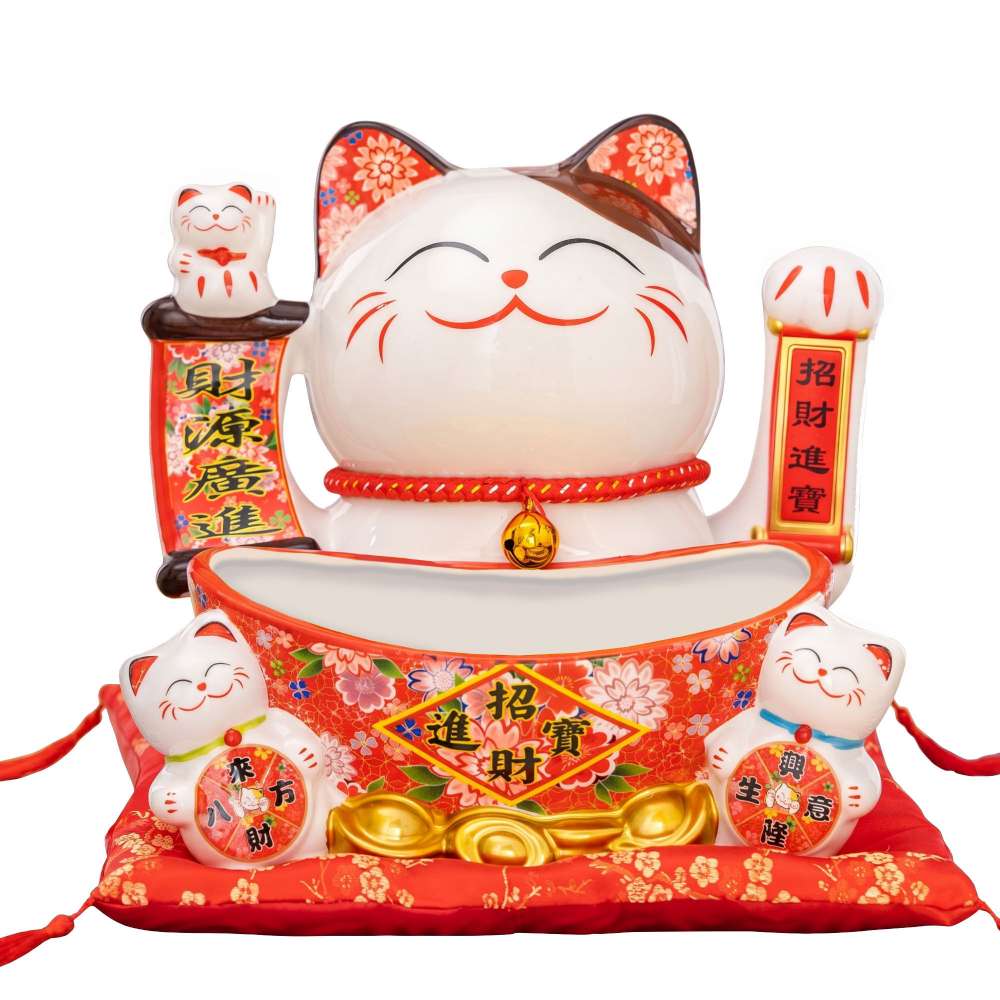 【摩達客】◉開運招財◉日式紅花元寶財源廣進招財貓擺飾 聚寶盆糖果收納 喬遷開業新居禮物, , large