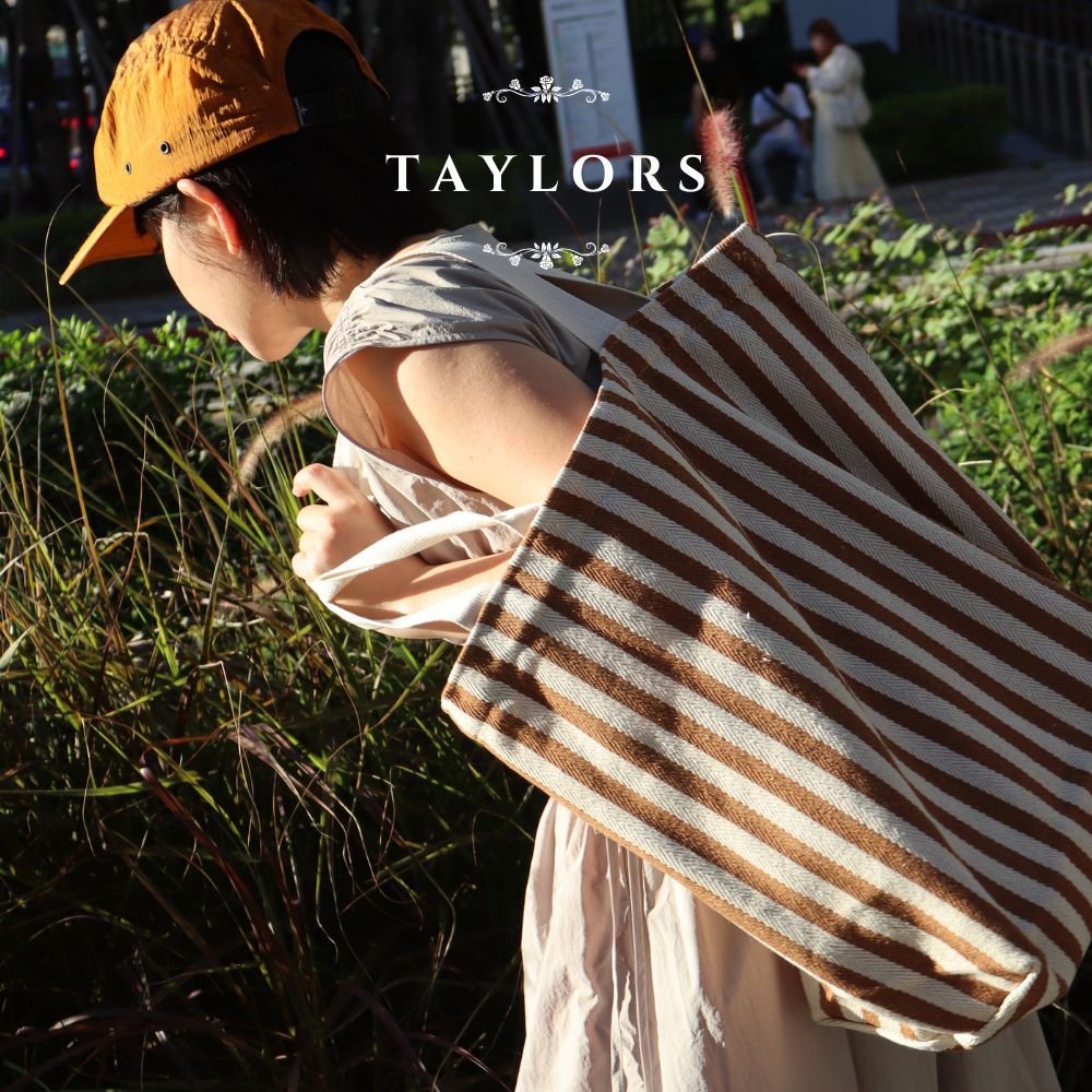 【TAYLORS】韓版 夏日條紋帆布托特包-焦糖 棉布軟包 大容量 帆布袋 手提 肩背包 沙灘袋, , large