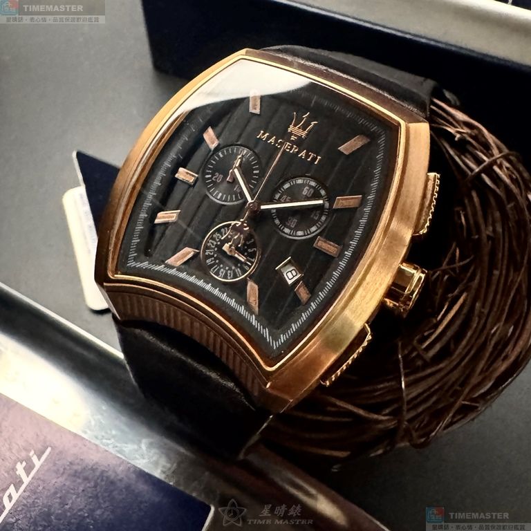 [星晴錶業]MASERATI手錶,42mm, 48mm,R8871605003黑色錶面玫瑰金錶殼深黑色真皮皮革錶帶款, , large