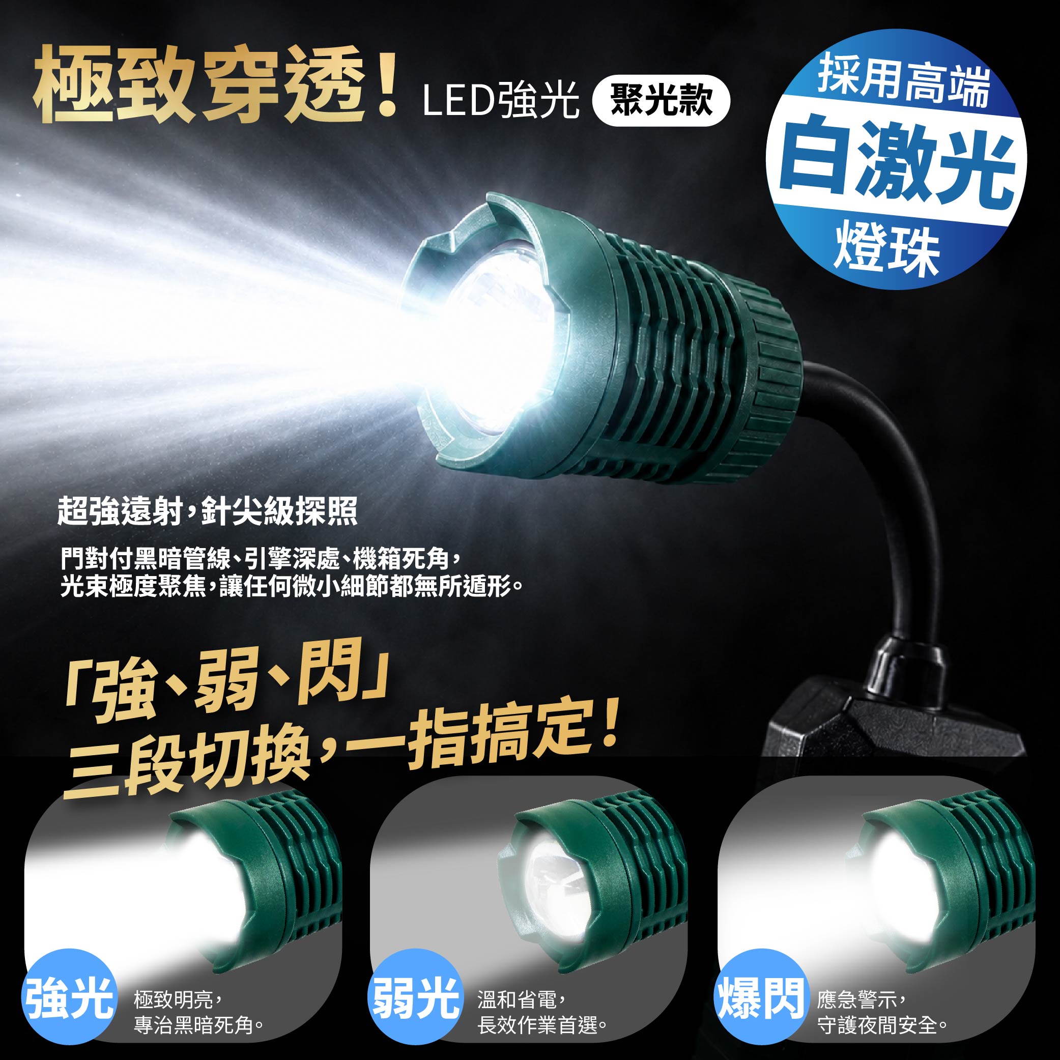 鉅玉經典｜20W白激光充電式可彎工作燈 強力磁吸 LED聚光款  HK-G872, , large
