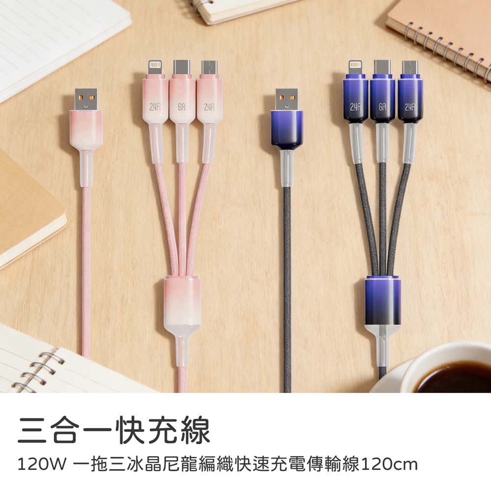【山水之寶】120W三合一快充線 一拖三冰晶尼龍編織快速充電傳輸線120cm Type-C/Lightning/Micro 充電線材, , large