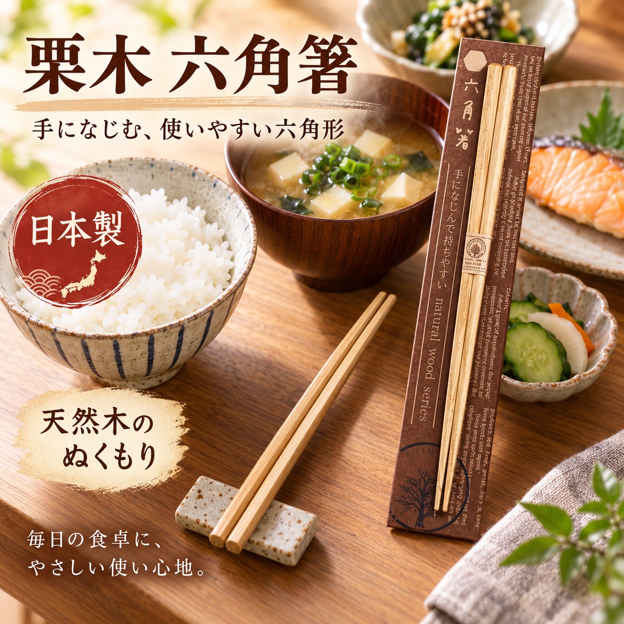 【HIYASU日安工坊】日本工藝箸-栗木 六角, , large