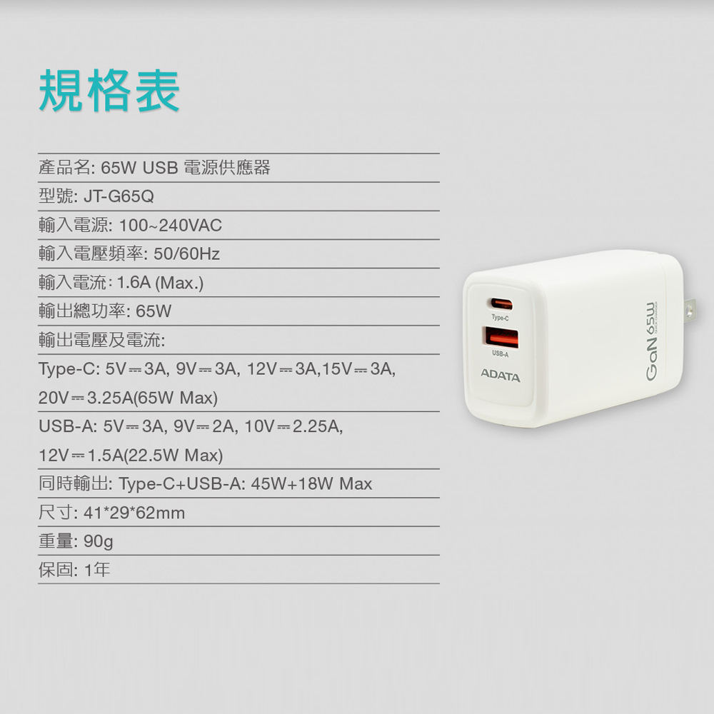 【ADATA 威剛】65W 氮化鎵 USB-C 充電頭 電源供應器 PD QC 快充, , large