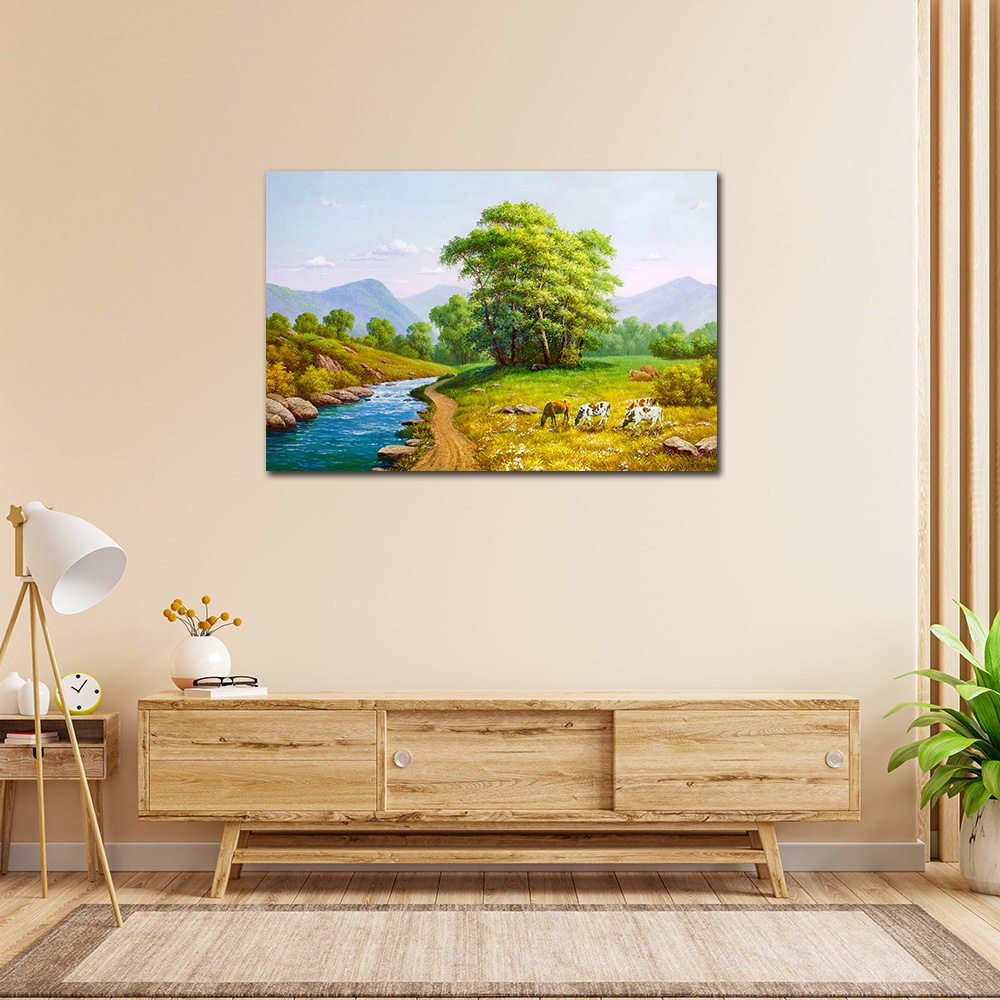 【御畫房】溪邊牧牛 國家一級畫師手繪油畫60&times;90cm(VF-07), , large