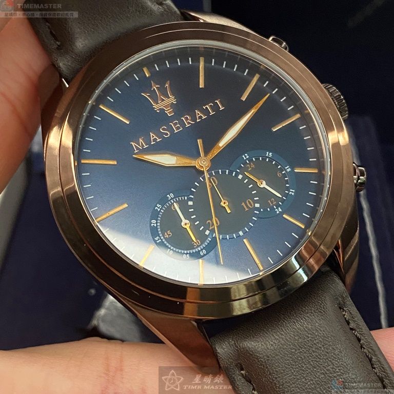 [星晴錶業]MASERATI手錶,46mm,R8871612008寶藍色錶面古銅色錶殼咖啡色真皮皮革錶帶款, , large