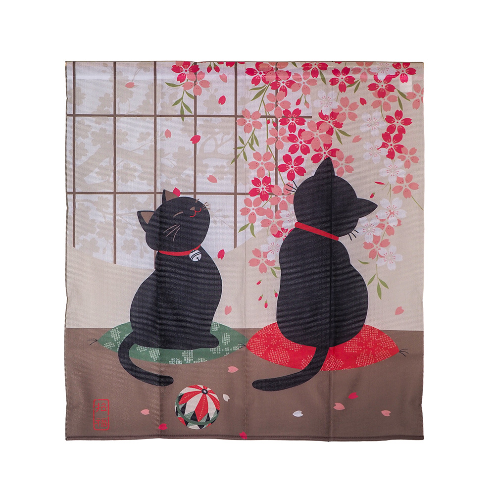 針織中門簾-85x90cm-賞櫻招福貓咪-2條, , large