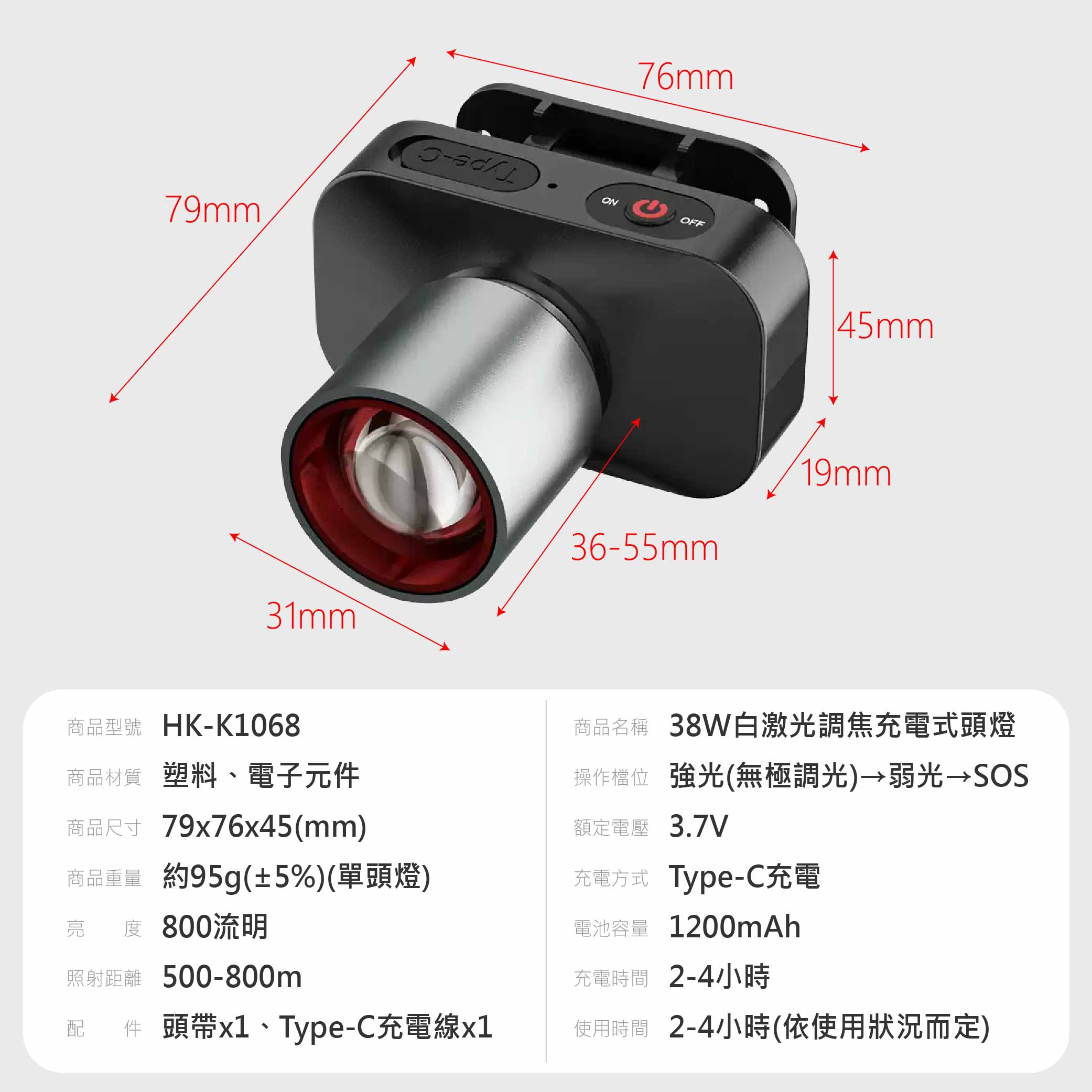 鉅玉經典｜38W白激光調焦充電式頭燈 HK-K1068, , large