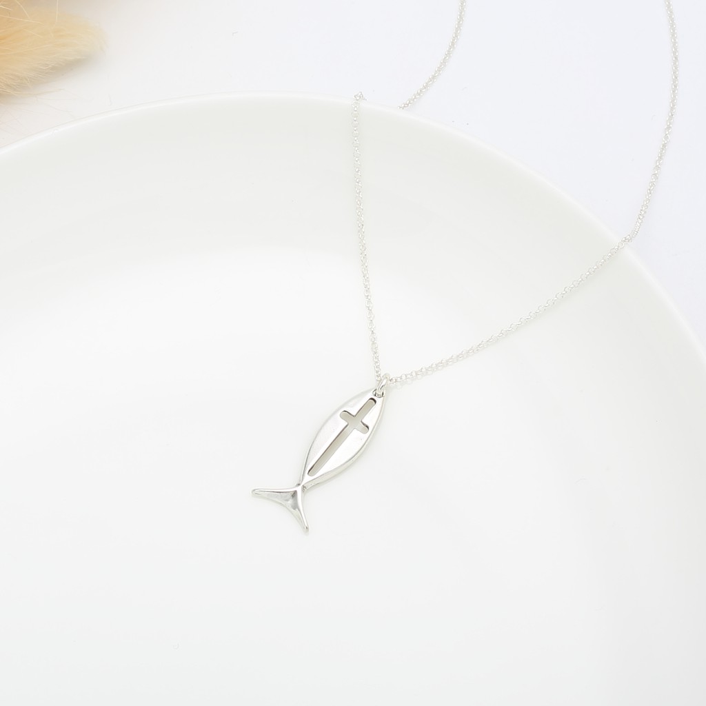 【Angel & Me】Fish Cross s925 sterling silver necklace Christmas gift, , large
