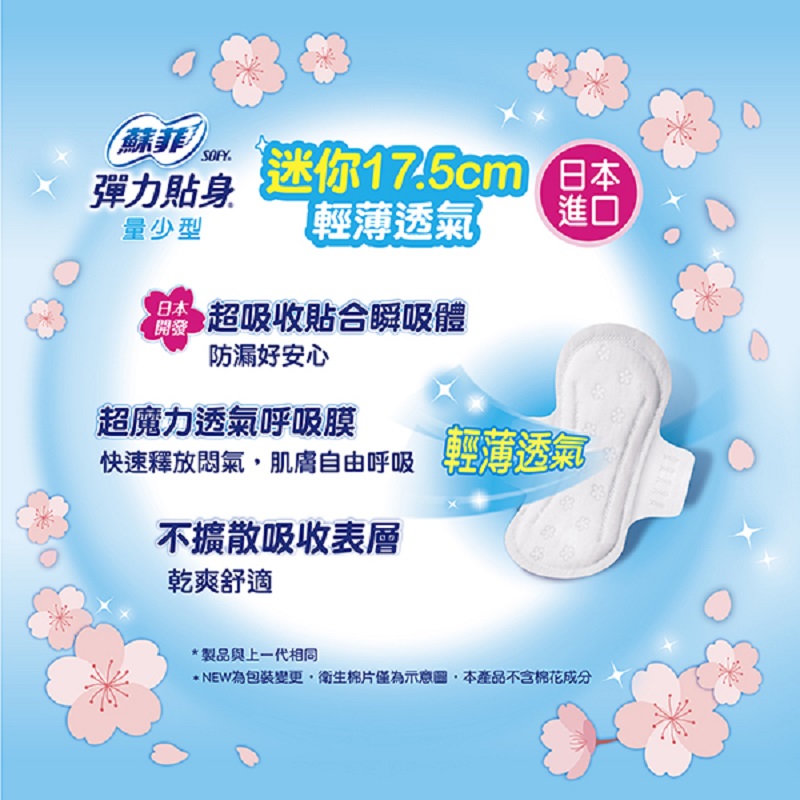 蘇菲彈力貼身超薄量少潔翼衛生棉17.5cm16片, , large