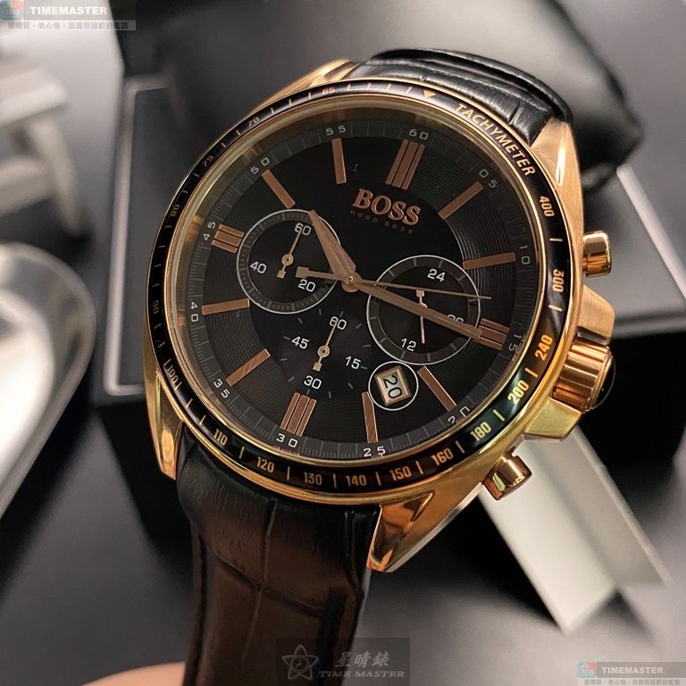 [星晴錶業]BOSS手錶,44mm,HB1513092黑色錶面玫瑰金錶殼深黑色真皮皮革錶帶款, , large