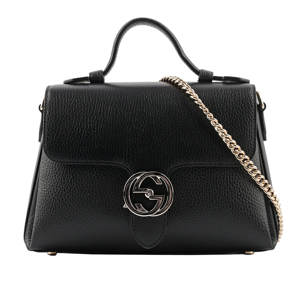 GUCCI 金屬雙G Logo 荔枝皮革梯形二用鍊包/黑色, , large