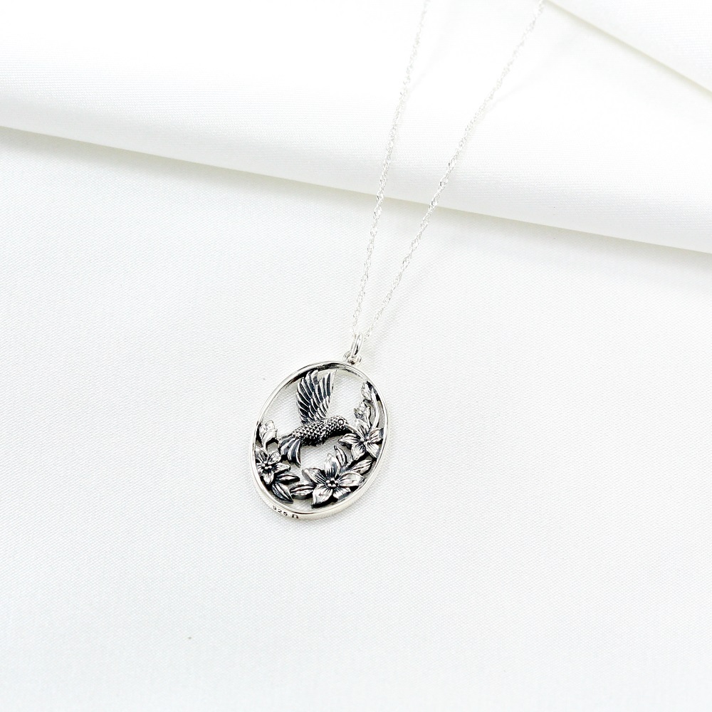 【Angel & Me】Hummingbird and Flower s925 sterling silver necklace birthday gift, , large