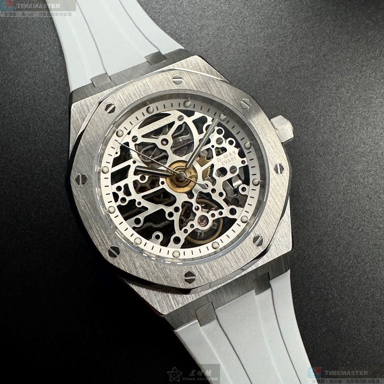[星晴錶業]GEYA手錶,42mm,G78036GWWW雙面機械鏤空錶面銀錶殼白矽膠錶帶款, , large