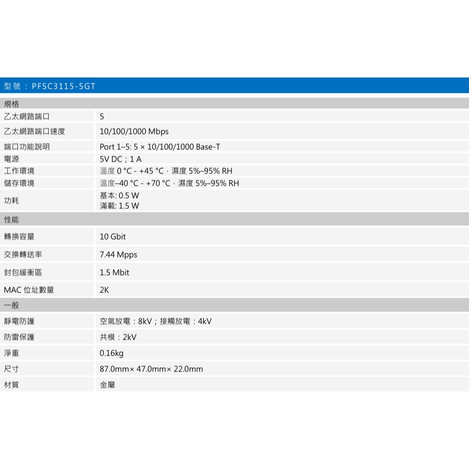 昌運監視器 PFSC3115-5GT 5埠 非網管Giga交換器 支援5個10/100/1000Mbps自適應連接端口, , large