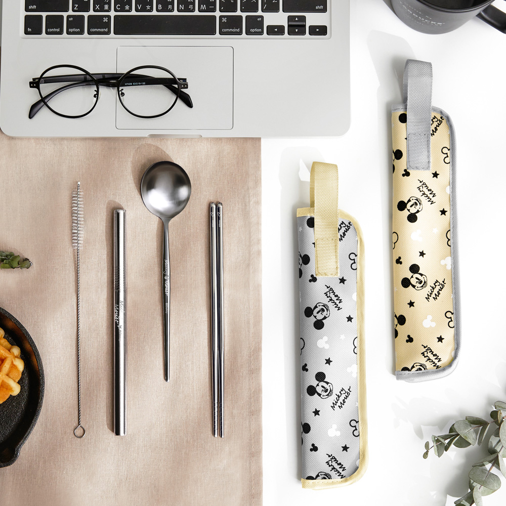 [Disney] Classic Mickey Mouse 304 Stainless Steel Eco-friendly 5-Piece Handheld Dinnerware Set - Gray/Khaki, , large