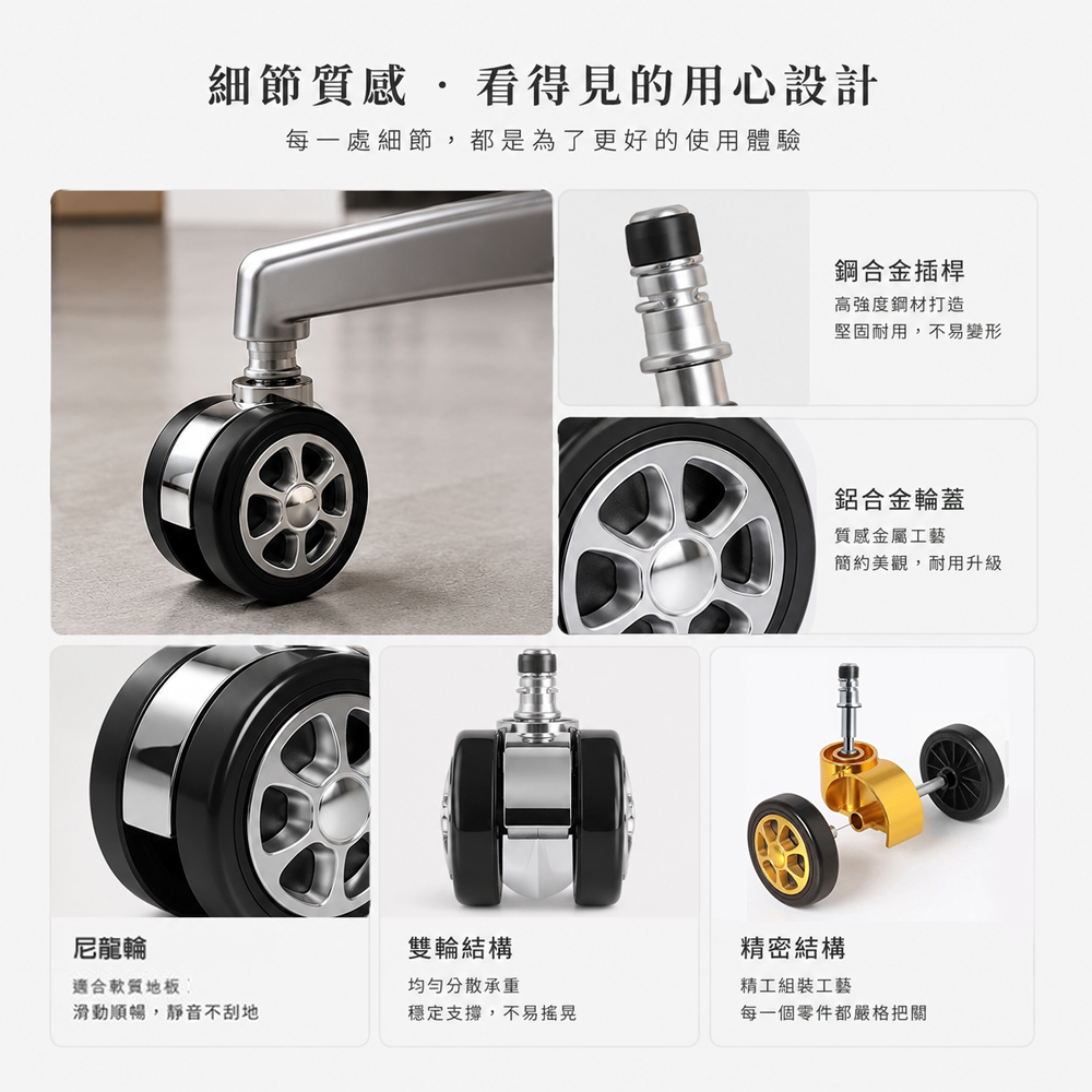 【G+居家】2組皇家電鍍萬向輪椅腳輪-2.5吋-5入(活動腳輪/電腦椅輪子/靜音輪/萬向輪/直插式), , large