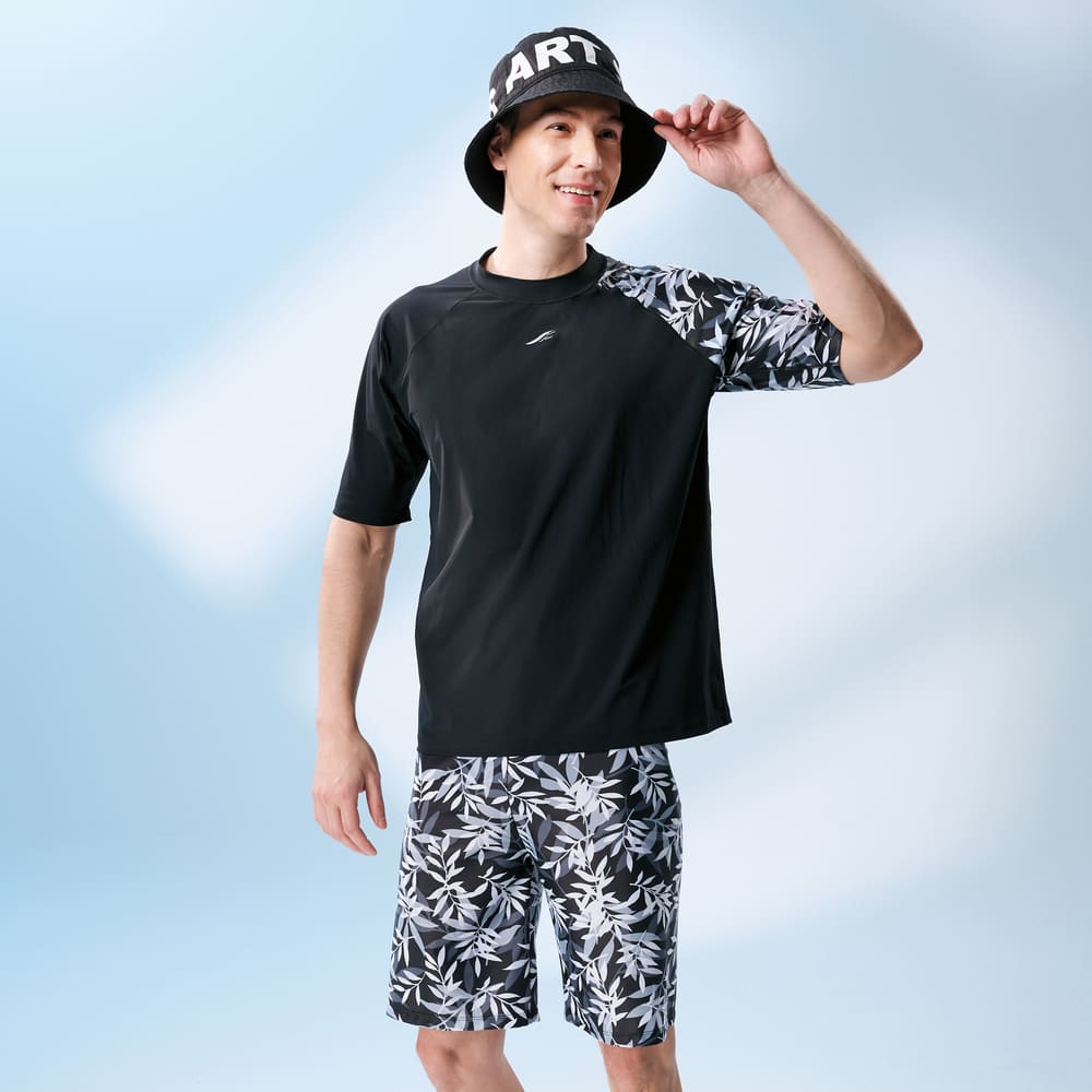 Monina Taiwan-made loose-fitting half-sleeve sun-proof functional top (suitable for both men and women) unisex style bamboo leaf black -5L, , large