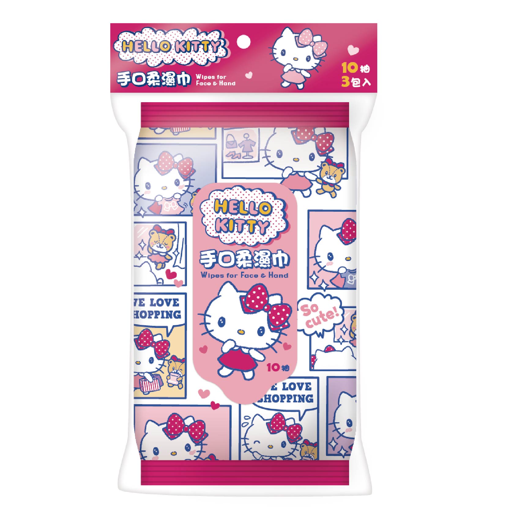 [寶富華]Hello Kitty 手口柔濕巾 10抽&times;3包 交叉網眼布(不易起毛、擦拭後不留下纖維殘渣) (添加木醣醇、請注意勿使用於犬貓), , large