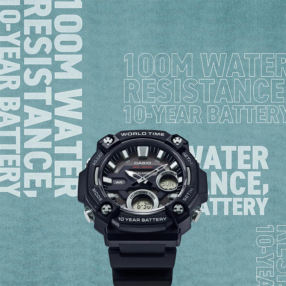 CASIO 卡西歐 10年電力 冒險精神 計時雙顯錶-黑 AEQ-120W-1AV, , large