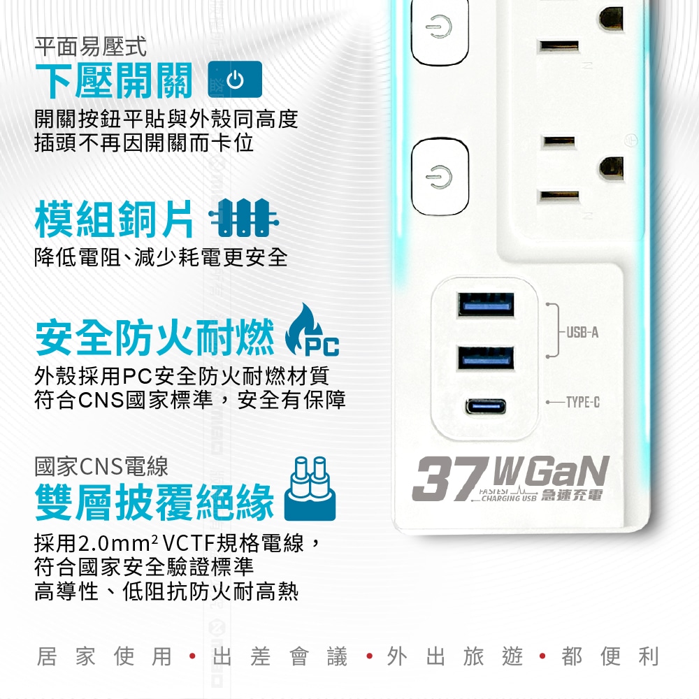 Energizer GaN 37W 4-port 3-outlet 3-port USB extension cable, 1.8m (2 USB ports, 1 TYPEC, new safety standard, made in Taiwan), , large
