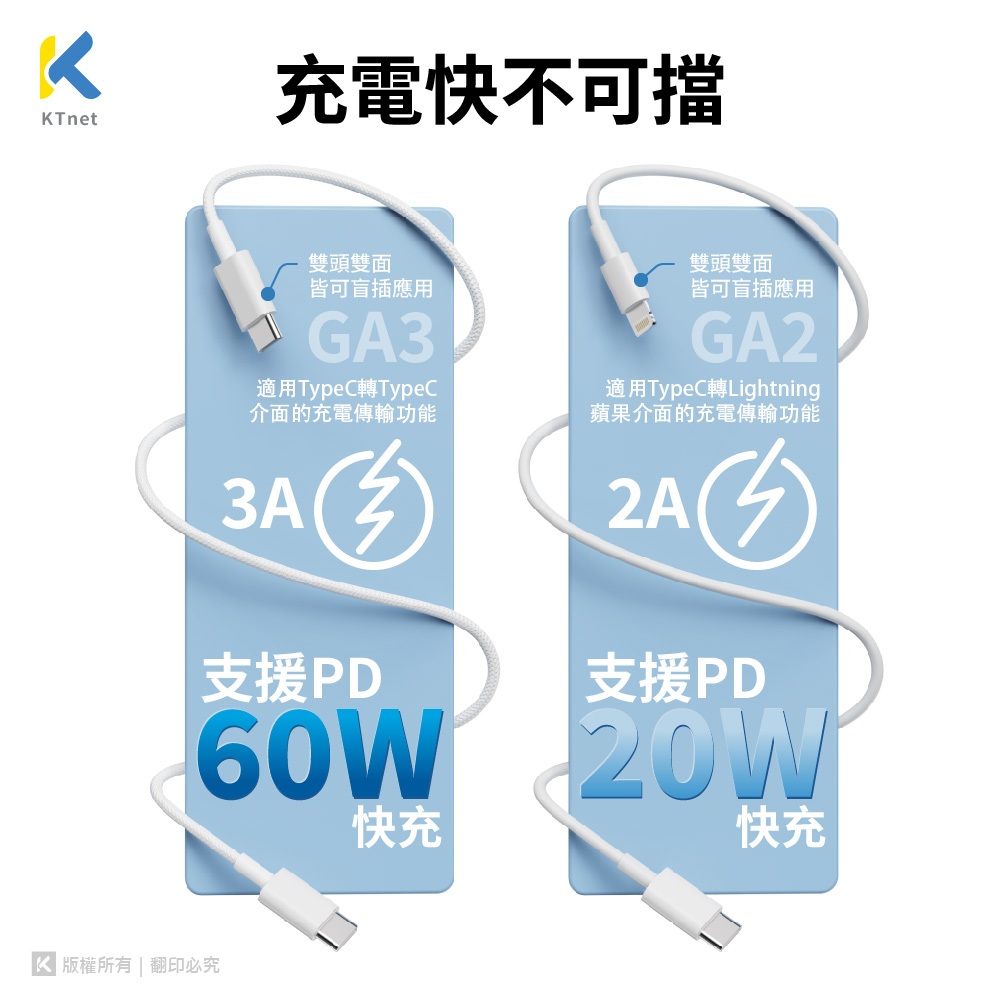 Ktnet GA2-CL2M Type-C to Lightning 充電傳輸線 PD20W快充耐拉TPE材質（2M）, , large