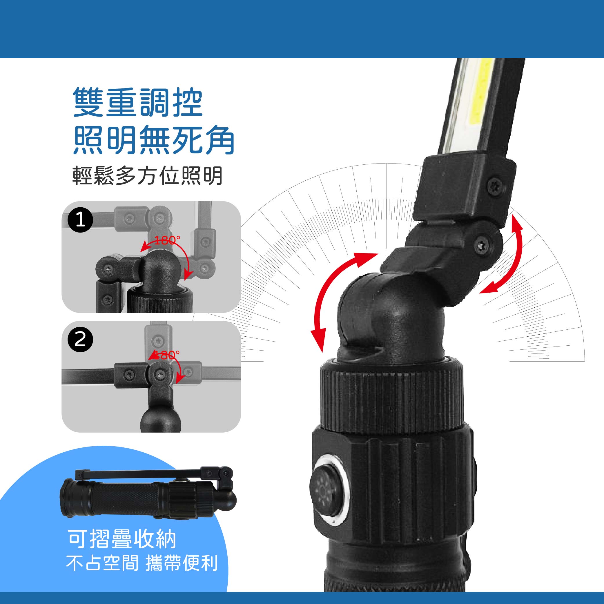 鉅玉經典｜折疊式工作燈LED+COB 照明燈 露營 磁吸 防水/油 燈條 雙軸 USB HK-G749, , large