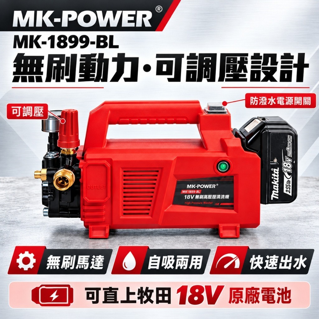 WIN五金 MK-1899-BL 無蓋款18V無刷高壓清洗機 通用牧田電池 高壓清洗機 洗車機 充電式清洗機 充電洗車機, , large