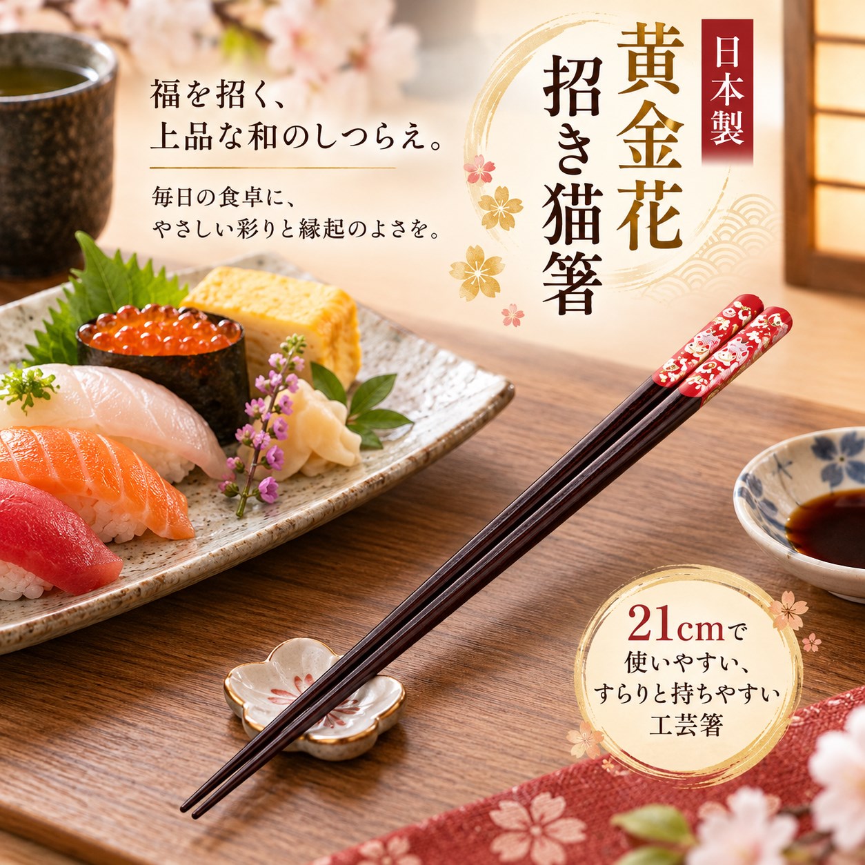 【HIYASU日安工坊】日本工藝箸-黃金招財貓 21cm, , large
