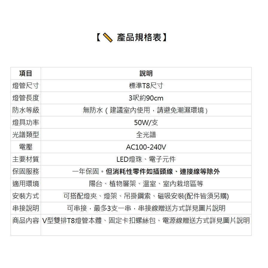 【君沛】V型雙排 50W功率 3呎T8一體式 全光譜 抑制徒長 觀葉植物 龍舌蘭 中型層架專用, , large