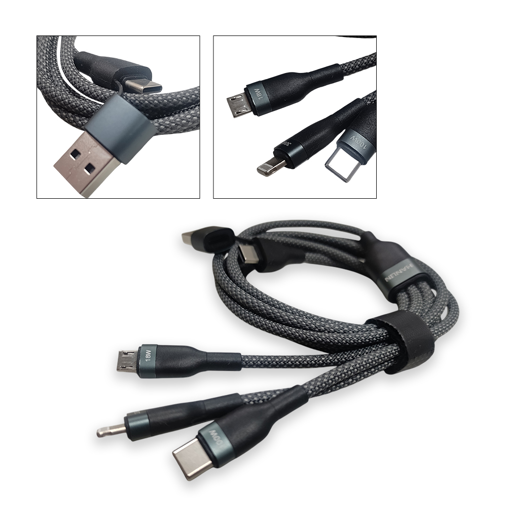 [HANLIN] UC2in3 二拖三PD100W編織充電線 100W U+C to M+L+T 全兼容 PD快充 充電線1.2米, , large
