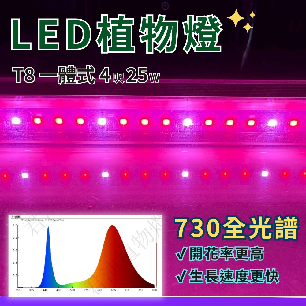 【君沛】730全光譜 4呎 T8一體式植物燈 25W 誘導上色 抑制徒長 龍舌蘭 多肉 大型層架補光 免燈座 專業生長燈, , large
