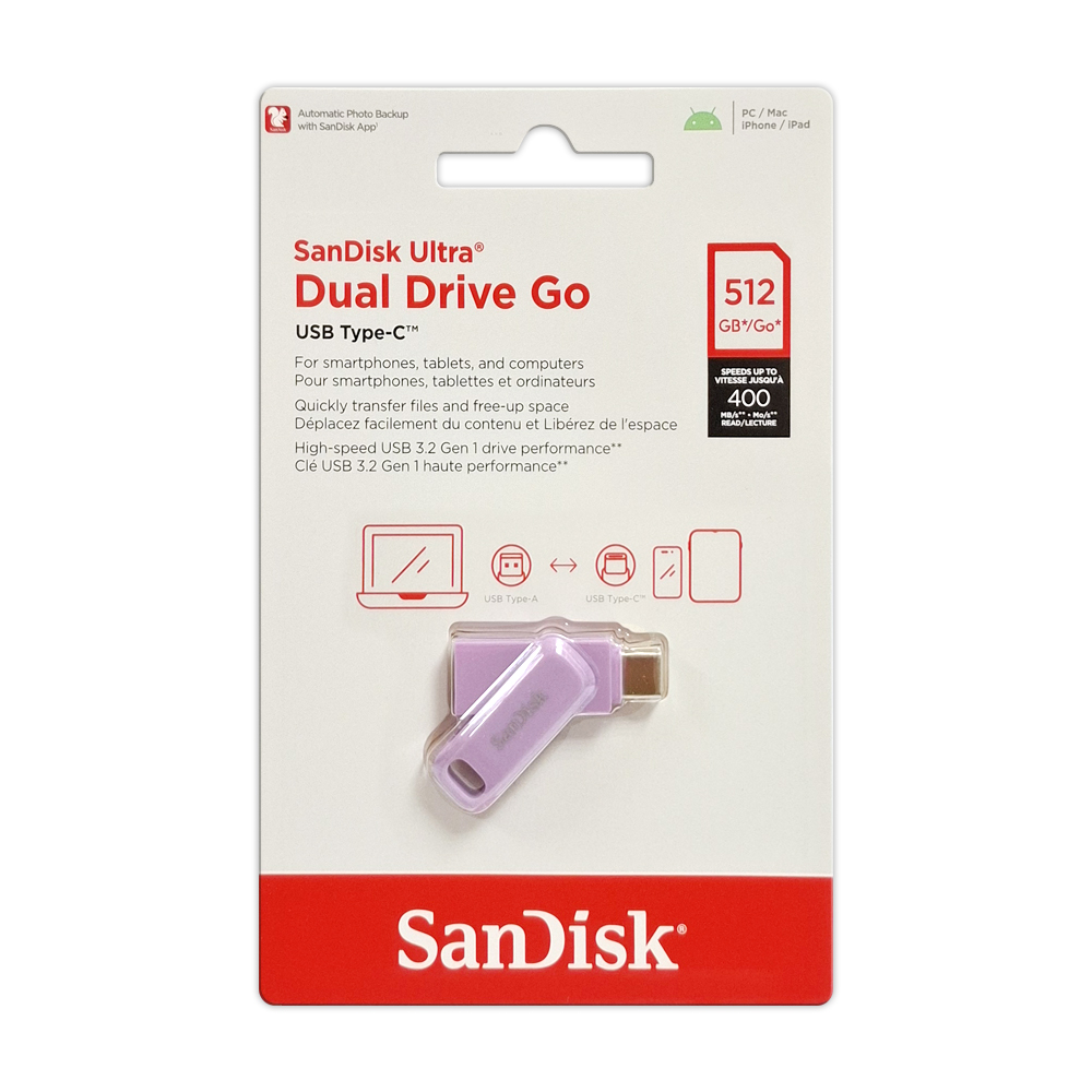 【SanDisk】Ultra GO 512G 薰衣草紫 TYPE-C USB 3.2 雙用 OTG 旋轉隨身碟 讀取速度 400MB/s, , large