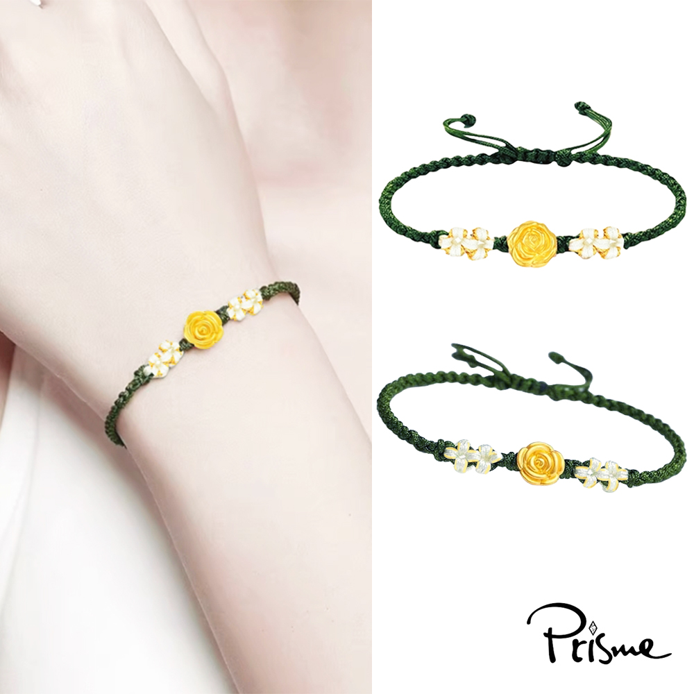 【Prisme Gold】黃金手鍊 玫瑰花 綠色編織手鍊 (金重：約0.05錢&plusmn;0.02), , large