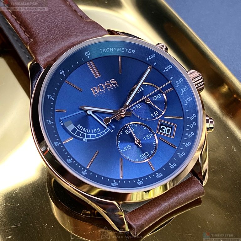 [星晴錶業]BOSS手錶,44mm,HB1513604寶藍色錶面玫瑰金錶殼咖啡色真皮皮革錶帶款, , large