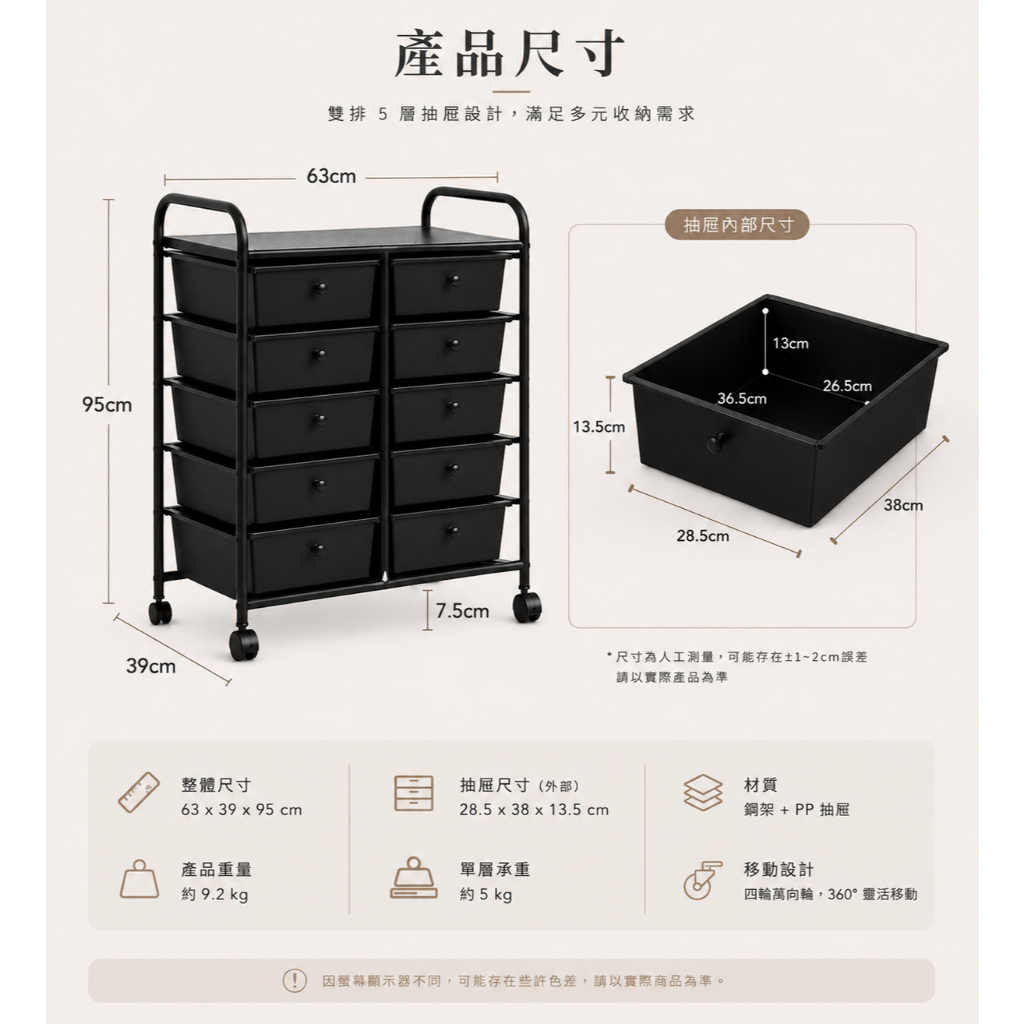 【Roomix】10層移動式抽屜收納車 空間救星 台灣製 黑色置物架 辦公活動櫃 美容美甲推車 玩具收納箱 文件櫃  (附輪/DIY), , large