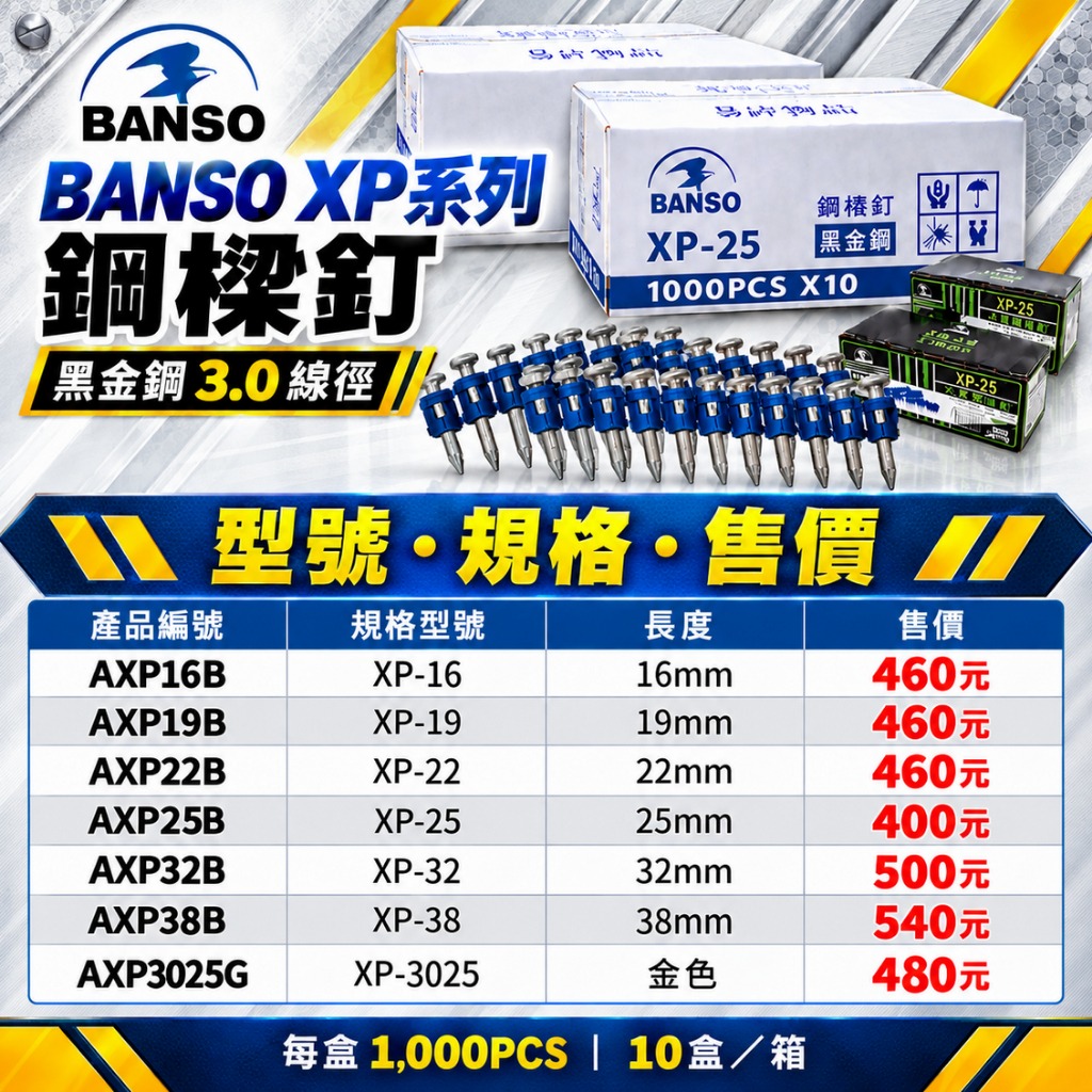 WIN五金 BANSO XP系列鋼樑釘 黑金鋼3.0 排釘 水泥鋼釘 工程釘 XP16 XP19 XP22 XP25, , large