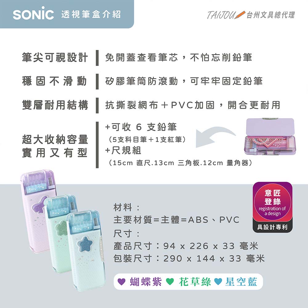 【龍品文創】日本SONIC FD-1046 夢幻風透視耐用筆盒-G花草綠, , large