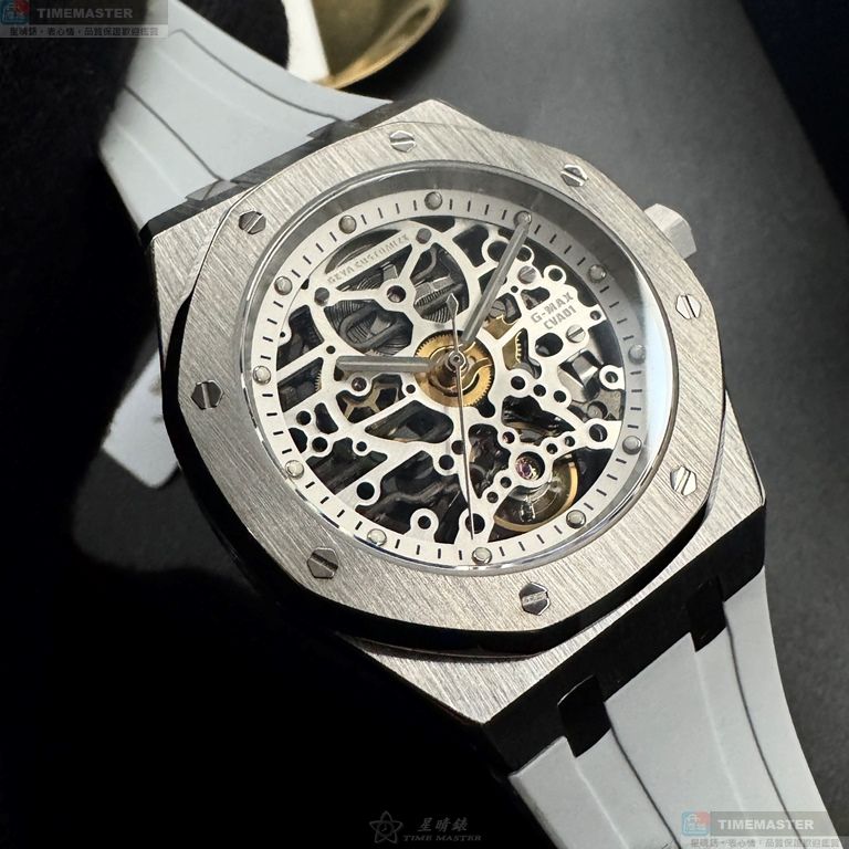 [星晴錶業]GEYA手錶,42mm,G78036GWWW雙面機械鏤空錶面銀錶殼白矽膠錶帶款, , large