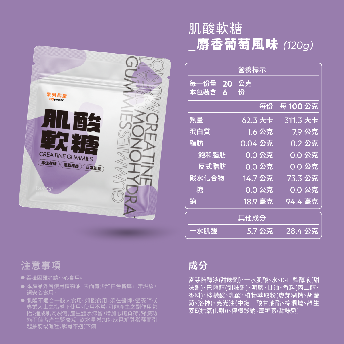 肌酸軟糖【麝香葡萄風味】120g｜果果能量, , large