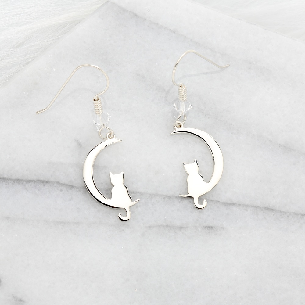 【Angel & Me】Cat On The Moon s925 sterling silver earrings Birthday gift, , large