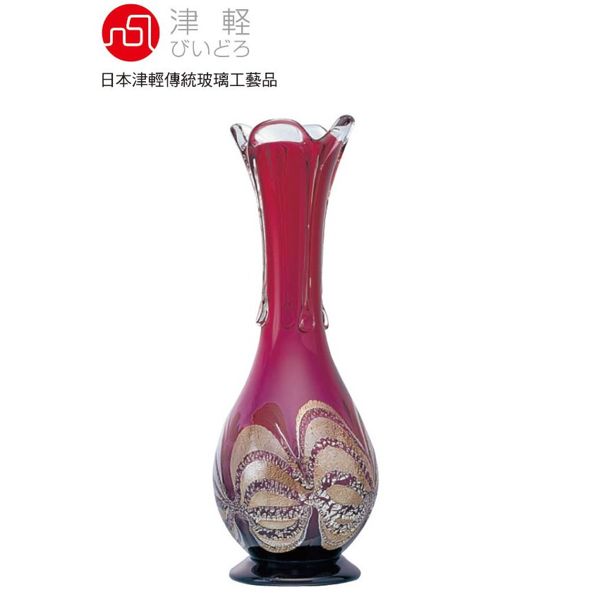 現貨 日本津輕 手作紅蝶金箔花瓶 金益合玻璃器皿 花瓶, , large