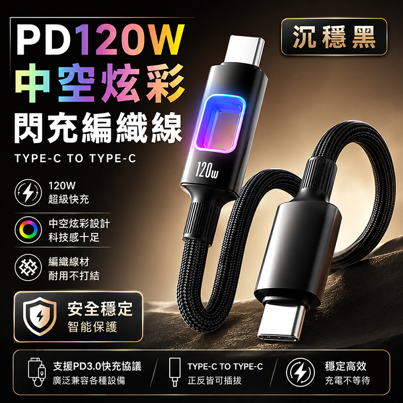 [翊承]【免運 + 贈品】PD 120W 中空炫彩手機閃充編織線TYPE-C TO TYPE-C, , large